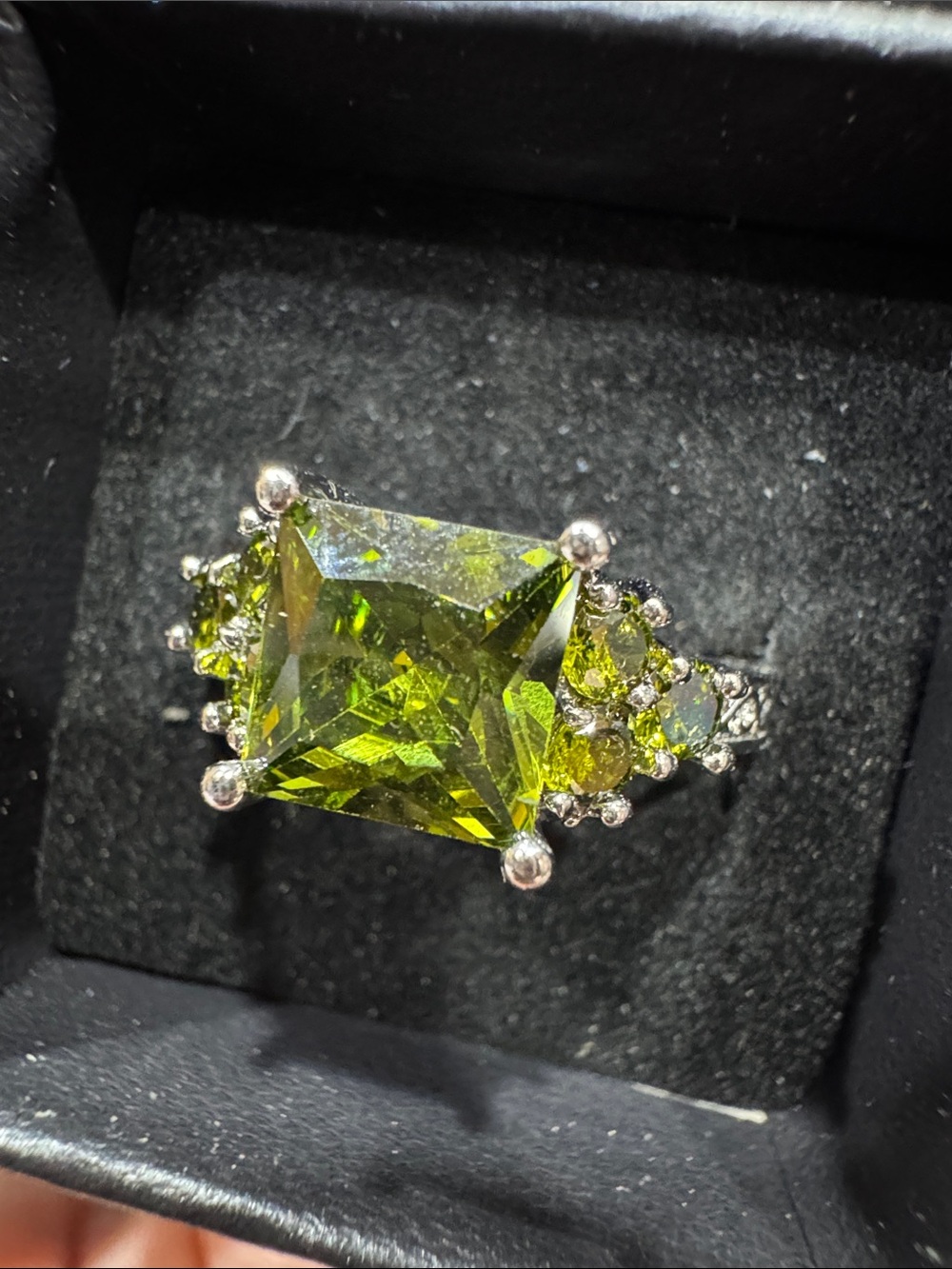 Green Square-Cut Peridot-Style Statement Ring